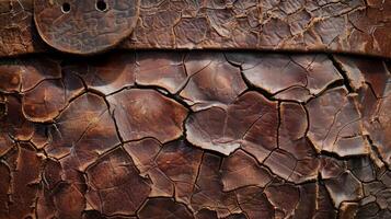 A closeup of a heavily worn leather belt revealing its jagged and rough texture through multiple cracks and crevices photo