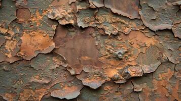 The top layer of copper is beginning to peel and flake away revealing a rough underlayer textured with deep grooves and fading colors photo