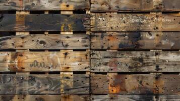 Aged and distressed the splintered boards of the pallet reveal a rugged and worn surface photo