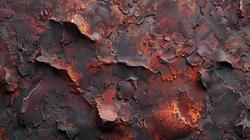 Deep grooves and pitted divots tered across a thick sheet of aged metal showcasing shades of deep red and orange rust photo