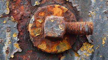 A closeup of a round rusted bolt with small patches of peeling paint revealing the rough and uneven texture of the exposed metal photo