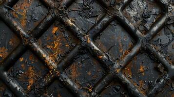 A grimy machine component with crisscrossing lines of black oil stains photo