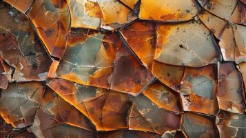 Hues of rusty brown and deep orange are visible through the shattered layers of the weathered glass photo