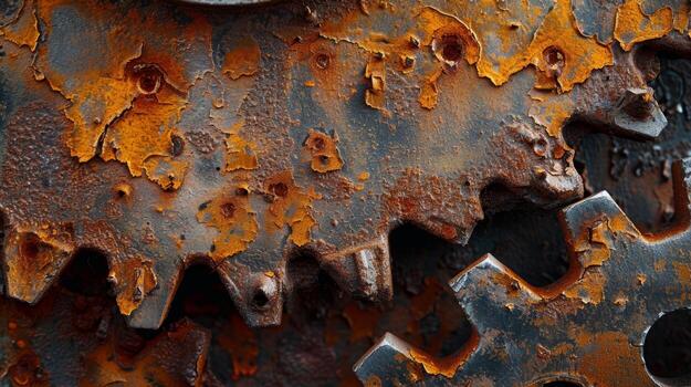 A detailed shot of a rusty sprocket with a mix of rough peeling orange rust and smooth polished areas creating a contrast in texture photo