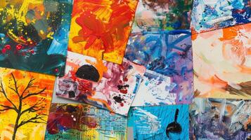 A collage of various paintings created by elderly individuals during art therapy sessions showing the wide range of emotions and experiences expressed through art photo