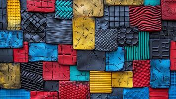 A patchwork of different colored rubber mats each with unique textures and patterns creating a chaotic yet visually intriguing image photo