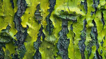 Detailed shot of slick algae growing on the bark of a tree as if the bark has been coated in a layer of green slimy paint photo