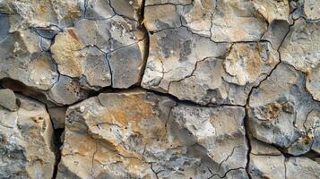 Cracked and weathered surface with deep grooves and indentations showcasing the natural imperfections of the chipped stone photo