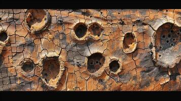 A network of knot holes creating a patchwork of holes and ridges that add character and depth to the cracked wood photo