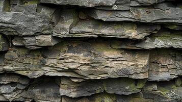 Chipped and worn away in some areas the stone reveals layers of earthy tones reminiscent of a trees growth rings photo