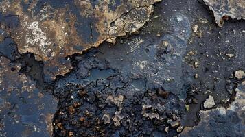 A of small dark blotches on a concrete path evidence of past oil spills and leaks that add a rugged and industrial touch to the otherwise mundane material photo