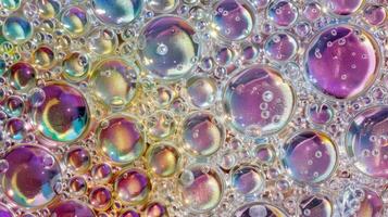 An abstract pattern of small circular bubbles with a fine layer of iridescent foam on top creating a vibrant and dynamic texture photo