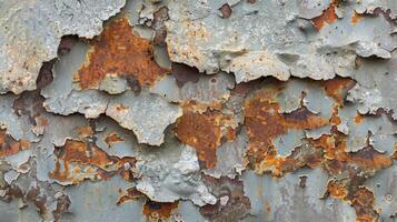 A macro shot of a corroded patch on a sheet of galvanized steel revealing its rugged texture with layers of peeling paint and rust photo