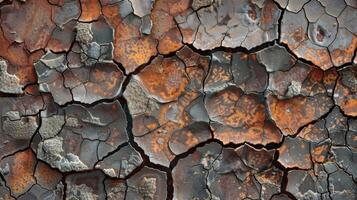 An intricate network of cracks and crevices give this heattreated steel a textured aged appearance like a rugged desert landscape photo
