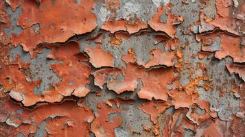 A patch of uneven and flaky paint with deep crevices and exposed grooves photo