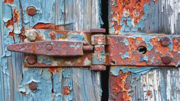A detailed shot of a rusted hinge with chipped paint revealing layers of alternating colors and textures from years of exposure to the elements photo