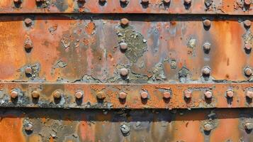 A detail shot of weathered steel plates with rivets seemingly holding on for dear life creating a rugged and wornin texture that tells a story of its own photo