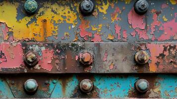 Small patches of flaky chipped paint cling to the edges of the girders creating a contrast between the old worn metal and the vibrant colors of the original coating photo