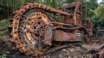 A rusted steam shovel sits ast a tangle of gears and chains a reminder of the immense power and precision of these early excavation machines photo