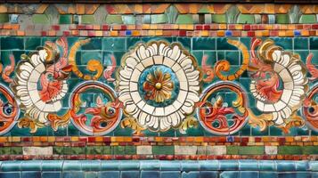 Precise and intricate tile work creates a stunning mosaic on the buildings exterior adding a pop of color and personality photo