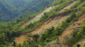 A forested mountain slope with patches of earth where landslides have occurred and left behind a trail of devastation photo