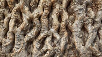 The gnarled roots jut out at irregular angles creating a chaotic and haphazard pattern that radiates strength and resilience photo