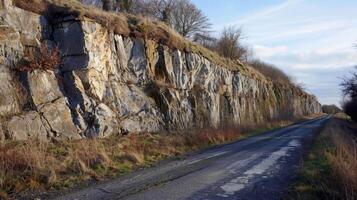 A roadside cliff face its surface pockmarked with rough irregular scars from frost wedging photo
