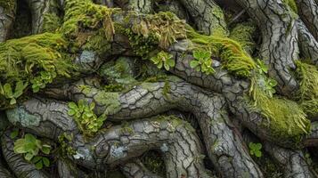 Dappled patches of moss and lichen cling to the twisted roots adding a splash of vibrant green to the otherwise earthy tones photo