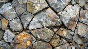 A closeup of a small piece of chipped stone revealing a mosaic pattern of sharp and irregular fragments tightly knit together photo
