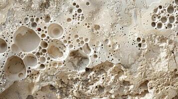 An intricate mix of tiny bubbles and fine pores on the surface of a spongy textured porous concrete wall photo