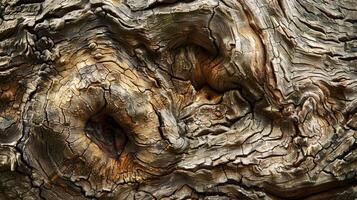 A closeup of a rugged tree knot with deep jagged grooves and small s of bumps dotting its surface photo