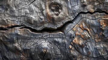 The weathered and uneven surface of a tree knot with pronounced bumps and cracks that give it a worn and aged appearance photo