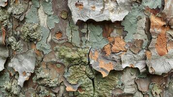 A detailed image of bark taken from the base of a tree displaying chunks of brown rough bark covered by a smooth layer of silvery green lichen photo
