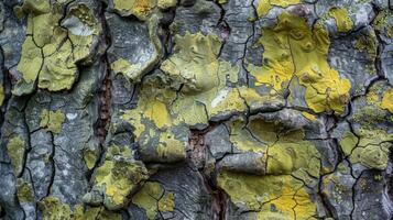 An upclose capture of a trees rough bark overrun with a vibrant mix of chartreuse and slate grey lichen creating a contrast of textures photo