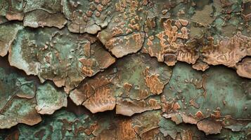 Up close the texture of weathered copper is almost reminiscent of tree bark with a rough organic pattern revealed through layers of wear and tear photo