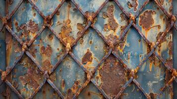 Detailed view of rusted metal fencing displaying a patchwork of intricate textures and patterns created by years of exposure to harsh weather conditions photo
