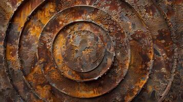 A closeup shot of a rusted metal surface with distinct circular patterns of rust and multiple layers of peeling paint. The texture is a combination of rough and smooth with a variet photo