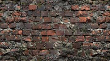 Layers of rough textured mortar show through the deep red bricks adding to the gritty aged appearance of this brick wall photo