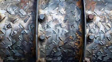 An intricate pattern of silver and black insulation overlapping on a pipe with small areas of exposed metal showing signs of wear and tear photo