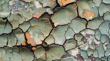 A closeup of flaking paint that has formed intricate patterns like a cracked mosaic on the surface of the worn and weathered machinery photo