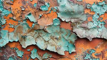The corroded copper has a peeling and flaking texture almost as if its shedding its outer layer like a s shedding its skin photo