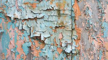 A zoomedin shot of a weathered surface with peeling paint creating an interesting mix of textures and hues photo