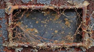 A weathered and rusted metal frame surrounded by frayed and fringed fiberglass strands showing signs of wear and tear over time photo