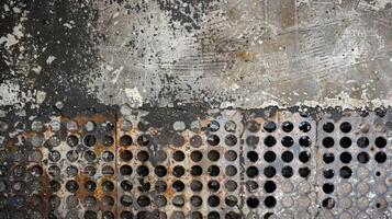 A gritty closeup of a concrete industrial floor revealing a repetitive stenciled pattern of gridded circles and rectangles each one partially faded and smudged with dirt and grime photo