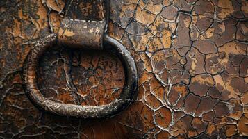 Layers of dust and grime settled onto a cracked and worn leather handle with visible creases and an aged patina photo