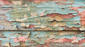 The texture of peeling paint on a wooden plank revealing different layers of faded colors and exposing the rough grain of the wood photo
