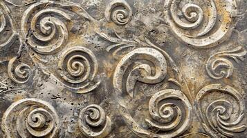 An intricate pattern of raised swirls and lines adorns these tiles adding a touch of elegance to their rough surface photo