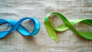 A ribbon split into two halves one blue and one green representing the balance between mental and physical health photo