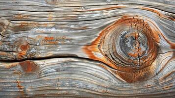 The contrast of smooth and rough textures on a weathered wooden plank with areas of polished wood and areas of rough exposed grain photo