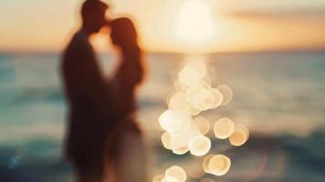Blurry images of a couple saying I do with the ocean in the background at their beach nuptials photo